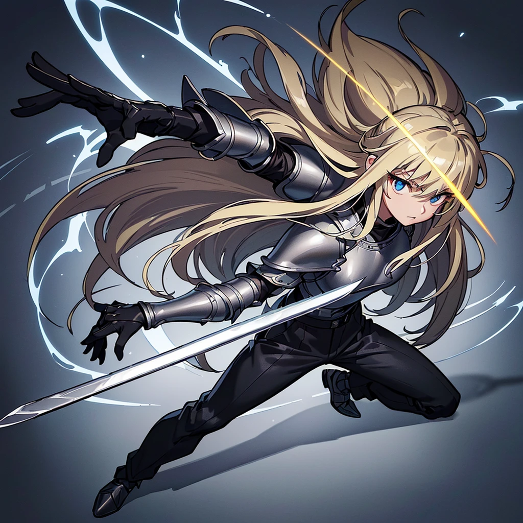 (((Solo)))、Highest quality, Best Quality、8K、(Full body character concept、detailed)、(((Gray simple armor、Black trousers、Black gloves))、(woman、18-year-old)、(Blonde、Long Hair)、(((Grab the sword)))、(Glowing light background)、(Fighting stance,)、Dramatic Angle、(Blue and yellow aura)、(From above)