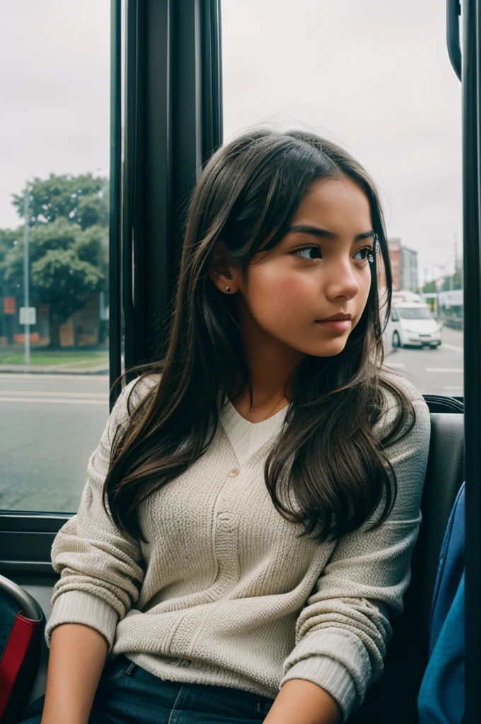 A girl watching from the window of a bus