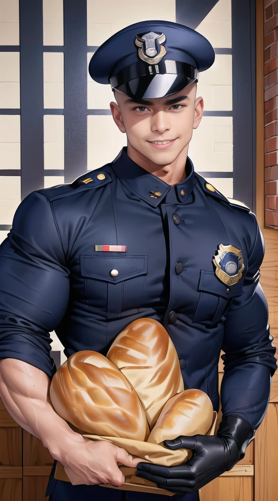 1 man,(Skinheads hairstyles) ,black eye,(Wear a fitted jacket navy with a police badge.:1.3),(fit neck),Navy blue cargo ,(black_gloves), Korean guy,chest muscles,large arm muscles,blood vessel,Big muscles,Broad shoulders, smile, middle of the road,(full_shot:1.6),(In the bread shop:1.2),