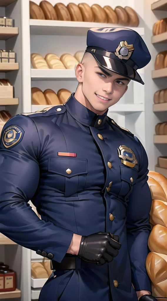 1 man,(Skinheads hairstyles) ,black eye,(Wear a fitted jacket navy with a police badge.:1.3),(fit neck),Navy blue cargo ,(black_gloves), Korean guy,chest muscles,large arm muscles,blood vessel,Big muscles,Broad shoulders, smile, middle of the road,(full_shot:1.6),(In the bread shop:1.2),