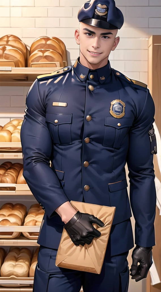 1 man,(Skinheads hairstyles) ,black eye,(Wear a fitted jacket  navy with a police badge.:1.3),(fit neck),Navy blue cargo ,(black_gloves), Korean guy,chest muscles,large arm muscles,blood vessel,Big muscles,Broad shoulders, smile, middle of the road,(full_shot:1.6),(In the bread shop:1.2),