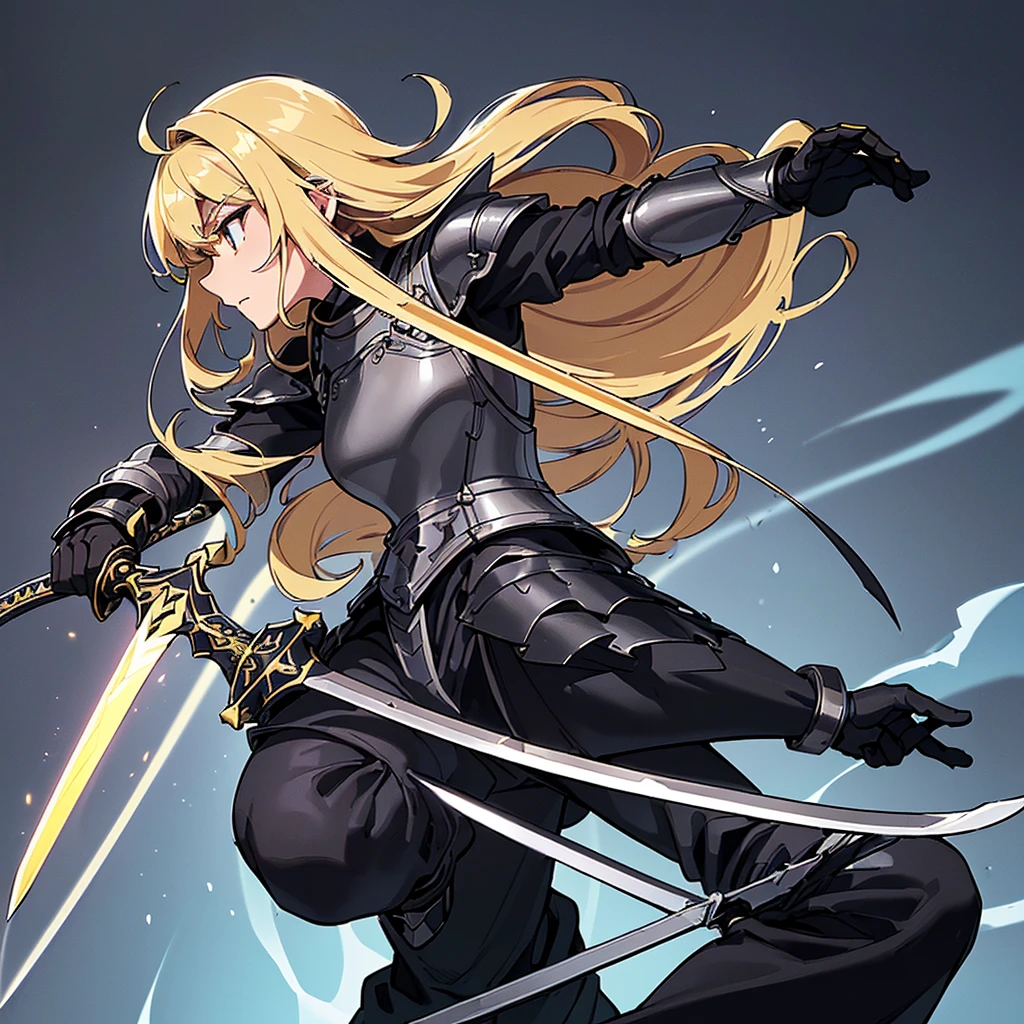 (((Solo)))、Highest quality, Best Quality、8K、(Full body character concept、detailed)、(((Gray simple armor、Black trousers、Black gloves))、(woman、18-year-old)、(Blonde、Long Hair)、(((Grab the sword)))、(Glowing light background)、(Fighting stance,)、Dramatic Angle、(Blue and yellow aura)、(From the side、profile)