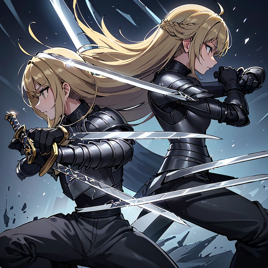 (((Solo)))、Highest quality, Best Quality、8K、(Full body character concept、detailed)、(((Gray simple armor、Black trousers、Black gloves))、(woman、18-year-old)、(Blonde、Long Hair)、(((Grab the sword)))、(Glowing light background)、(Fighting stance,)、Dramatic Angle、(Blue and yellow aura)、(From the side、profile)