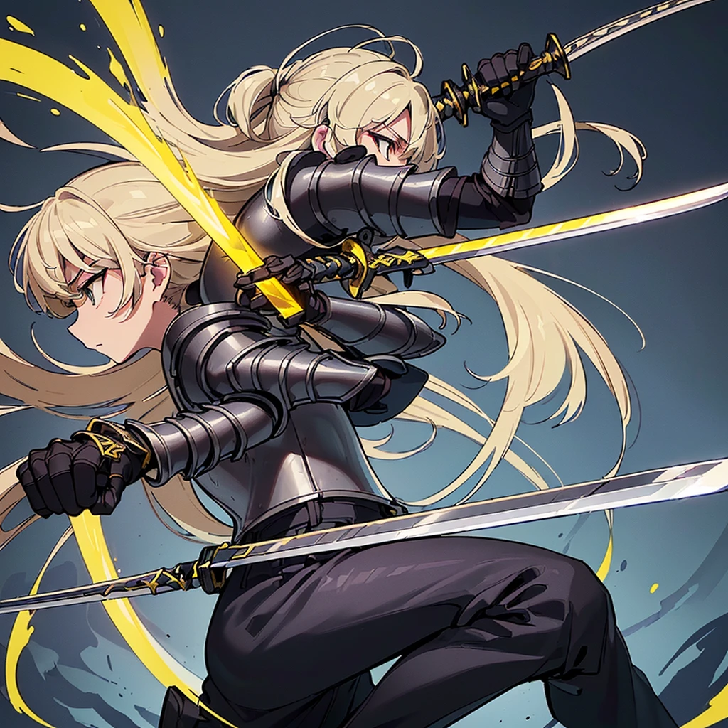 (((Solo)))、Highest quality, Best Quality、8K、(Full body character concept、detailed)、(((Gray simple armor、Black trousers、Black gloves))、(woman、18-year-old)、(Blonde、Long Hair)、(((Grab the sword)))、(Glowing light background)、(Fighting stance,)、Dramatic Angle、(Blue and yellow aura)、(From the side、profile)