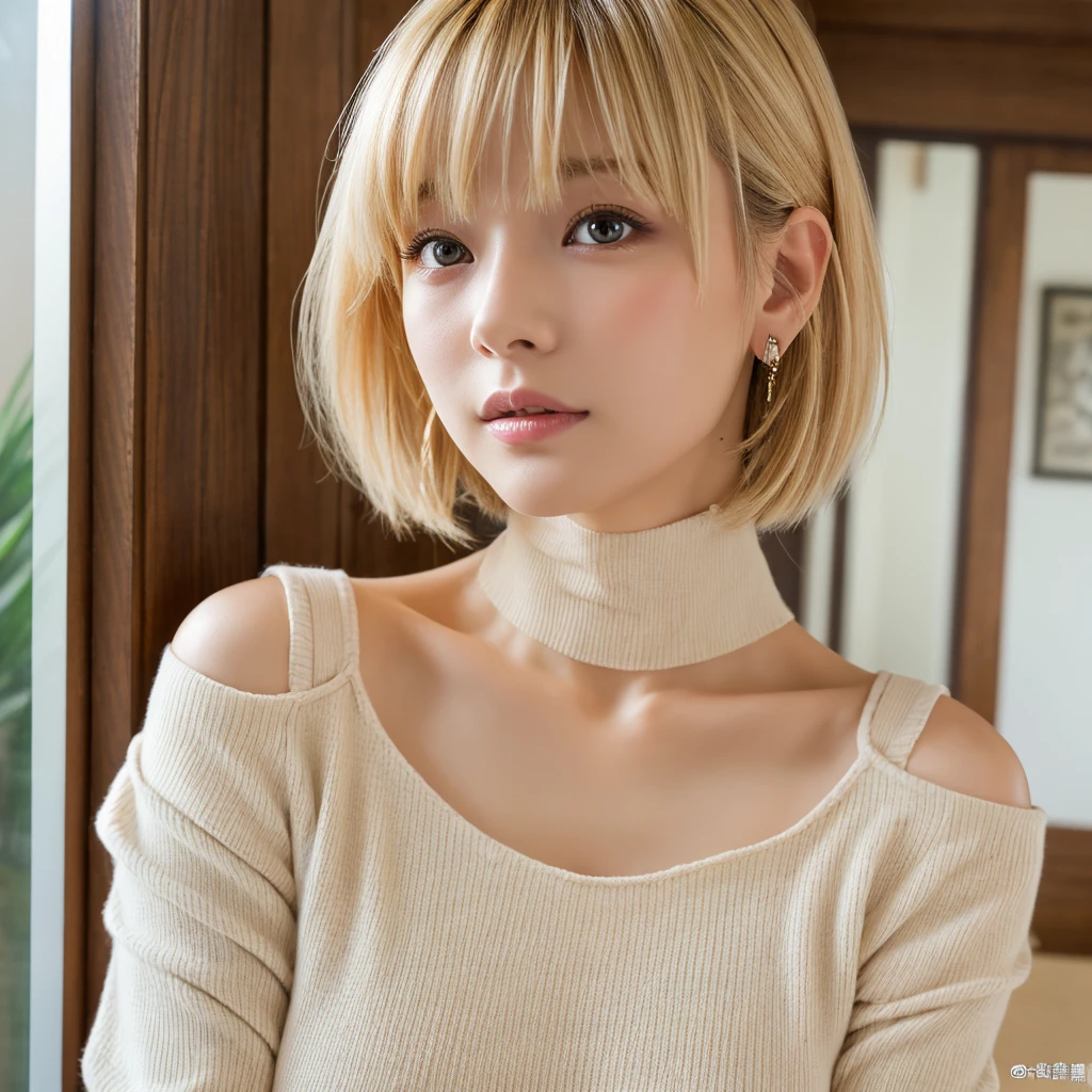 Highest quality、非常にdetailed、wonderful、RAW Photos、detailed、超High resolution、8k wallpaper、Young and thin、Authentic appearance、Perfect Eyes、16 years old、1 girl、Poses that show the whole body、young、Beautiful Face、Long eyelashes、Perfect Makeup、Please open your mouth a little、Very detailed drawing、非常にdetailed、High resolution、美しいdetailedな女の子、非常にdetailedな目と顔、Perfect 、skinny,Black Choker,Earrings,Big cleavage、Off-the-shoulder tight sweater dress, Cute pose、Blonde pixie short hair、 Entrance、indoor、open the door、detailedな背景、sexy、Provocative face、