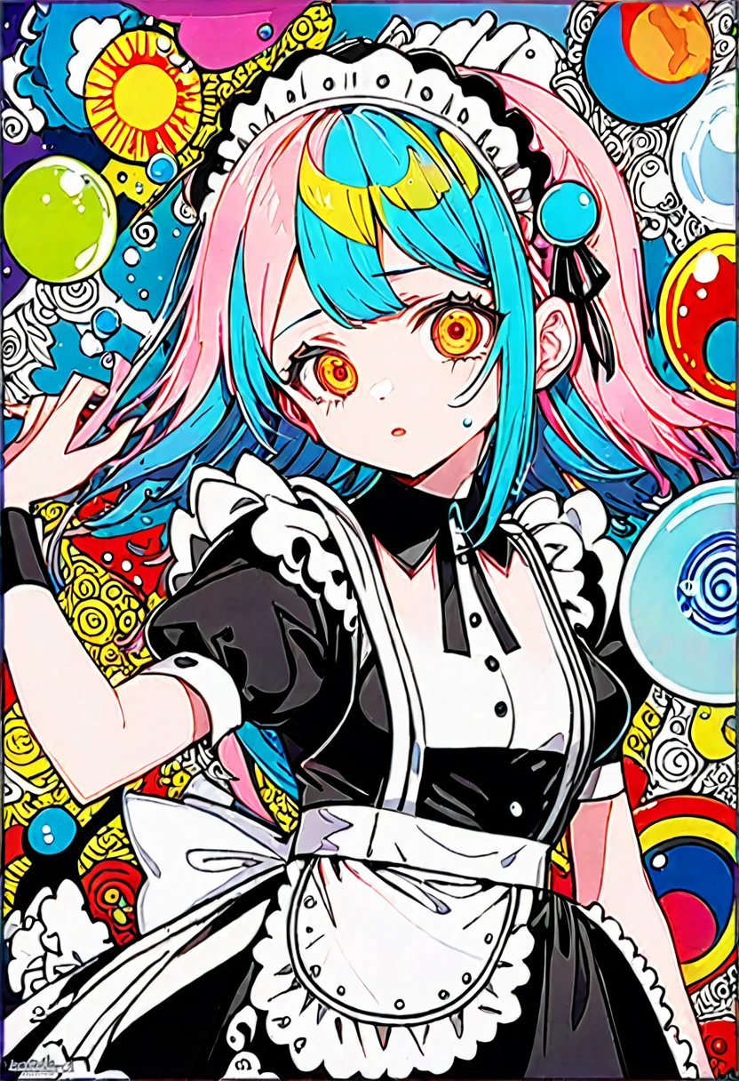 Momoko Sakura Style、8K quality、Intense watercolor, detailedな水彩アート, Watercolor splash, Surreal, Avant-garde pop art, Beautiful and expressive paintings, Beautiful artwork illustration, Very colorful tones, wonderful, Cool Beauty, Highest quality、Official Art, Vector art, Stylish design, (((The most beautiful maid girl))), (((Highest quality))), High resolution, ((detailed)), (((Doodle Art)), ((masterpiece)), ((Super detailed)), (((Colorful soap bubbles))),(((Maid Fashion))),