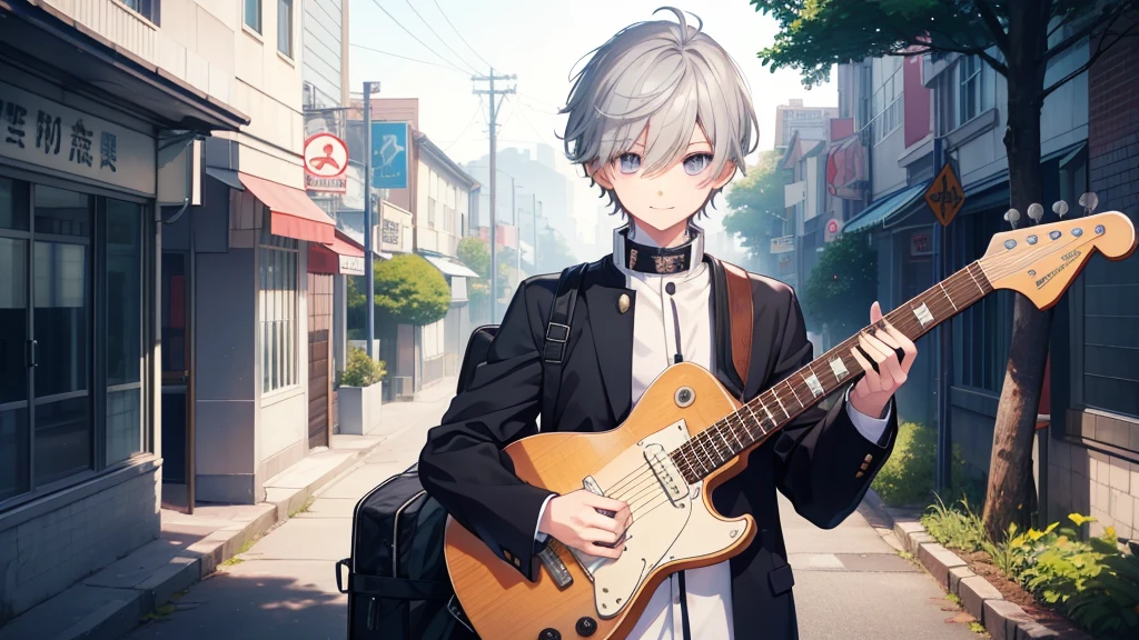 1 boy、High school boys、gakuran,Highest quality, Tabletop, Beautiful Face、 with a collar、Gray Hair、short hair、whole body、smile、smile、Carrying a guitar on his back、School Background、