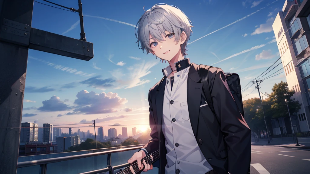 1 boy、High school boys、gakuran,Highest quality, Tabletop, Beautiful Face、 with a collar、Gray Hair、short hair、whole body、smile、smile、Carrying a guitar on his back、School Background、