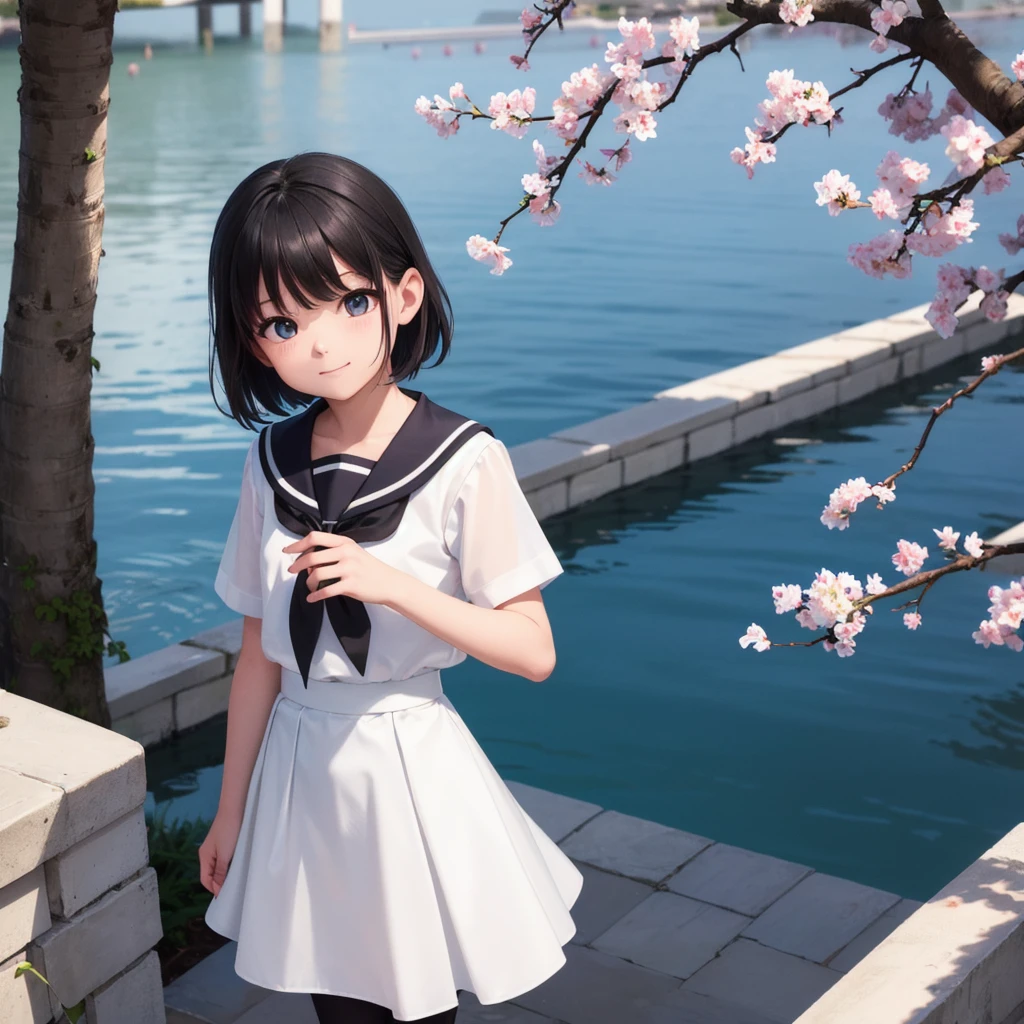 1 Girl, cute, (View your viewers:1.0), detaileds sky, ((masterpiece:1.4, Highest quality)), multiple detaileds, eye shadow, SFW, (Medium Shot:1.5), Gradient eyes,
roller:addition_detailed:0.8>,  (Black Pantyhose:1.2), Straight, 
One girl, Have, Sailor, Branch Eyes, short hair, Black Hair, Sailor collar, White shirt, Semi-transparent white long skirt, Below the knee skirt, Murasa Minamitsu, hishaku、smile