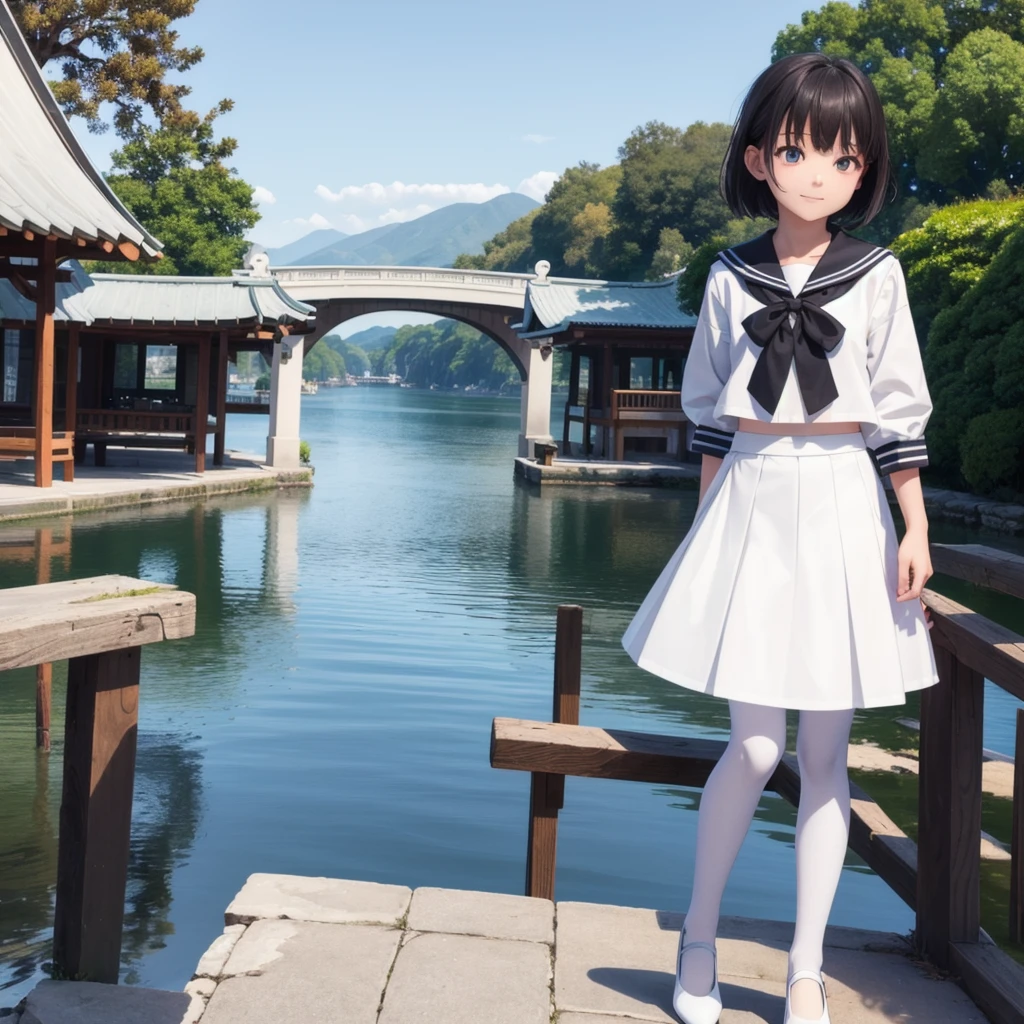 1 Girl, cute, (View your viewers:1.0), detaileds sky, ((masterpiece:1.4, Highest quality)), multiple detaileds, eye shadow, SFW, (Medium Shot:1.5), Gradient eyes,
roller:addition_detailed:0.8>, (Black Pantyhose:1.2), Straight,
One girl, Have, Sailor, Branch Eyes, short hair, Black Hair, Sailor collar, White shirt, Semi-transparent white long skirt, Below the knee skirt, Murasa Minamitsu, hishaku、smile