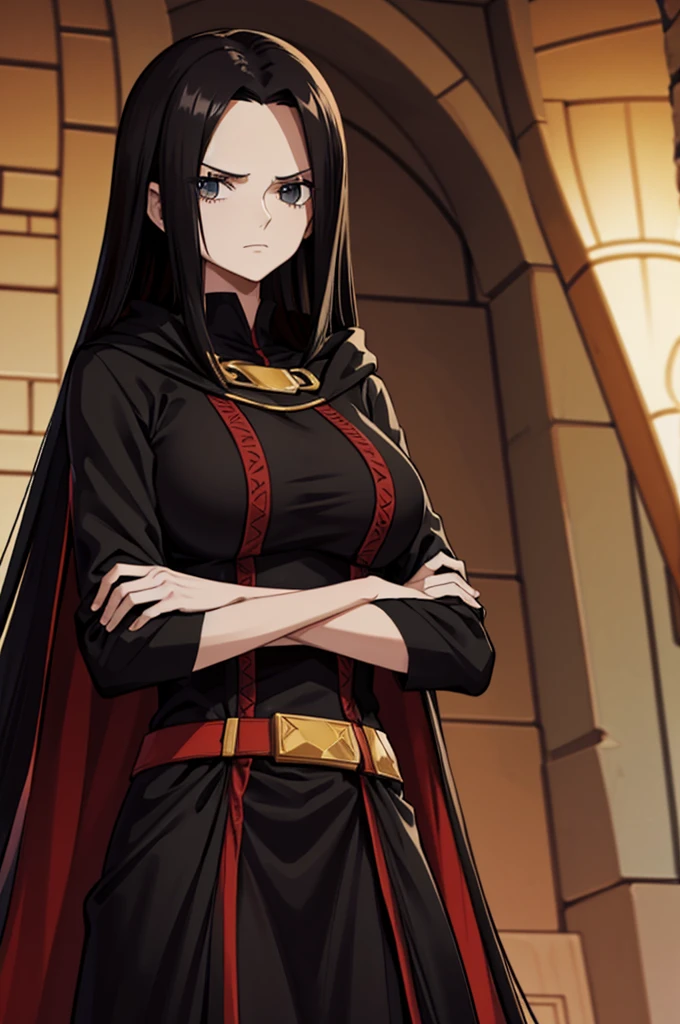 Tall long haired woman wearing black cape and red clothes with arms crossed 