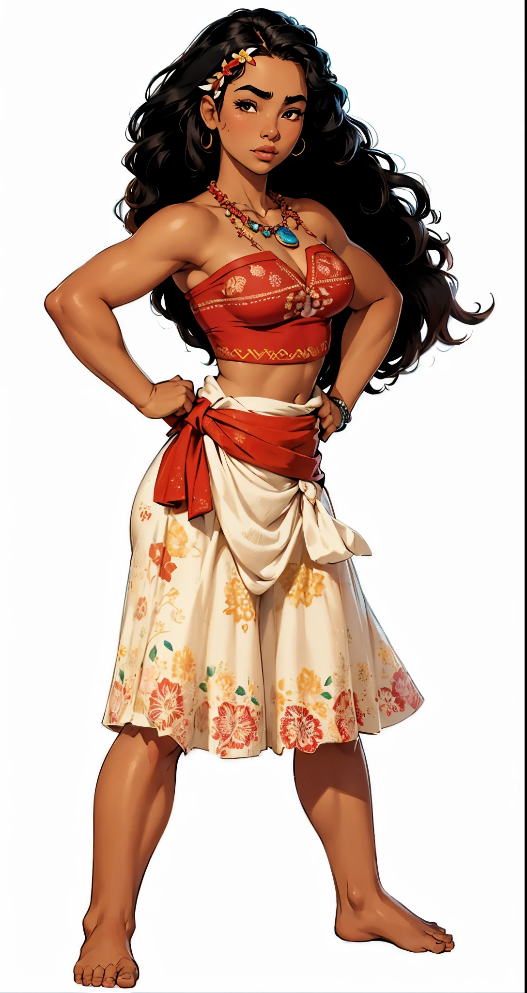 Create a high resolution full body image of Moana, Movie "Moana".  Extremely Realistic, very beautiful, sexy, big ass, thick legs, sensual, She must be portrayed standing, confident, with her hands on her hips, showing a courageous and adventurous expression.   Moana has long, wavy black hair, dark brown eyes, and an athletic build.   She wears a red top with traditional Polynesian patterns and a cream skirt made of tapa fabric, decorated with intricate designs and floral prints.   A red sash is tied around her waist.   Her necklace features a blue gemstone.   She is barefoot.