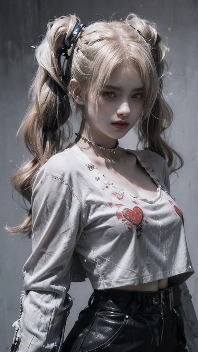 21yo girl, dressed as Harley Quinn from DC Comics. She has light blonde hair styled in pigtails, with the left side dyed pink and the right side dyed blue. She is wearing a white shirt with 'Daddy's Lil Monster' written on it, a red and white sleeve on her left arm, and a studded leather jacket. She holds a wooden baseball bat over her shoulders, and has a confident, playful expression. The background is a dimly lit indoor setting."
