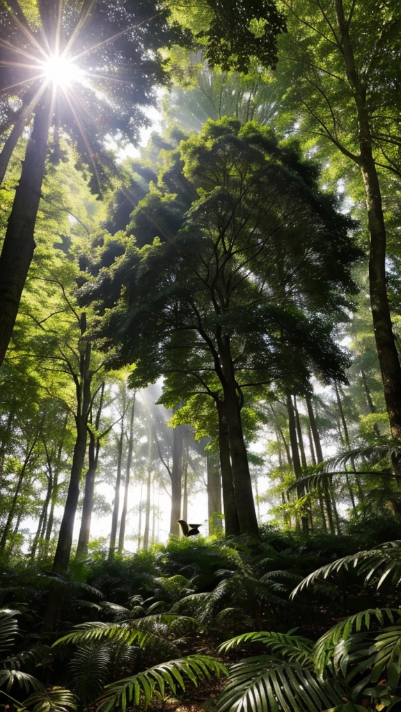 tall, lush green tree in a dense forest. At the top, a pair of crows are building a nest with twigs. Sunlight filters through the leaves, casting dappled shadows on the ground.