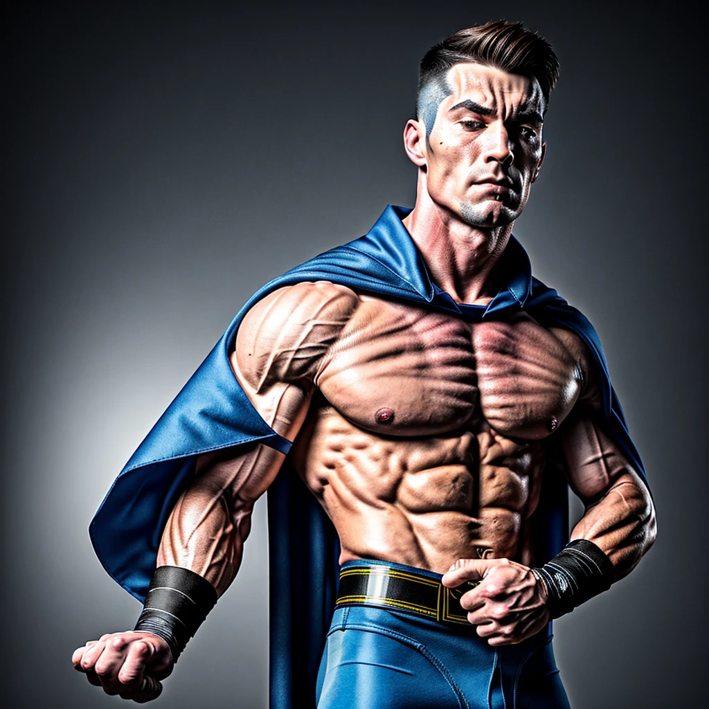 A realistic 3D male model in full body composition, wearing a full body hero suit and cape in the pattern of a professional baseball uniform, a very short haired, crew cut, cool, dandy-like, veteran-aged man with a shiny, sparkling blue cape that is longer than his body, gloves and a cap are always worn, an original hero, only the eyebrows, eyelashes and eyes are visible, his mouth is bandaged and sealed, the upper half of his face is bare with a sharp gaze, he has six pack abs, a muscular macho man with a sturdy body, he has both legs closed, his hands are clasped behind his back in an X shape, his whole body is bound and sealed with duct tape and he is held down. He has collapsed from exhaustion and is sleeping with his eyes closed. A coat of arms, in a dark room background, his whole body facing forward, backward, left and right (north, south, east and west), an image of him being restrained and mummified.