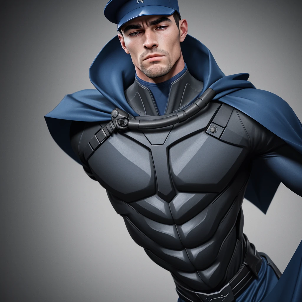 A realistic 3D male model in full body composition, wearing a full body hero suit and cape in the pattern of a professional baseball uniform, a very short haired, crew cut, cool, dandy-like, veteran-aged man with a shiny, sparkling blue cape that is longer than his body, gloves and a cap are always worn, an original hero, only the eyebrows, eyelashes and eyes are visible, his mouth is bandaged and sealed, the upper half of his face is bare with a sharp gaze, he has six pack abs, a muscular macho man with a sturdy body, he has both legs closed, his hands are clasped behind his back in an X shape, his whole body is bound and sealed with duct tape and he is held down. He has collapsed from exhaustion and is sleeping with his eyes closed. A coat of arms, in a dark room background, his whole body facing forward, backward, left and right (north, south, east and west), an image of him being restrained and mummified.