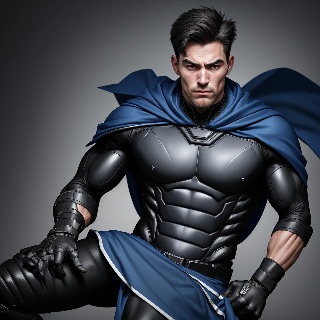 A realistic 3D male model in full body composition, wearing a full body hero suit and cape in the pattern of a professional baseball uniform, a very short haired, crew cut, cool, dandy-like, veteran-aged man with a shiny, sparkling blue cape that is longer than his body, gloves and a cap are always worn, an original hero, only the eyebrows, eyelashes and eyes are visible, his mouth is bandaged and sealed, the upper half of his face is  with a sharp gaze, he has six pack abs, a muscular macho man with a sturdy body, he has both legs closed, his hands are clasped behind his back in an X shape, his whole body is bound and sealed with duct tape and he is held down. He has collapsed from exhaustion and is sleeping with his eyes closed. A coat of arms, in a dark room background, his whole body facing forward, backward, left and right (north, south, east and west), an image of him being restrained and mummified.