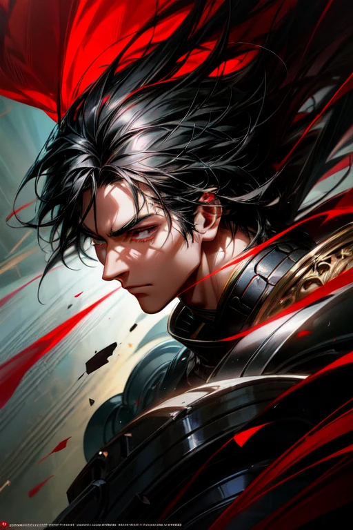 a handsome anime man, jet black hair, red and white armor, hands and legs, extremely detailed face and eyes, detailed facial features, portrait, digital painting, fantasy art, cinematic lighting, dramatic lighting, volumetric lighting, vibrant colors, highly detailed, 8k, hyper realistic, intricate details, masterpiece