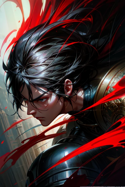 a handsome anime man, jet black hair, red and white armor, hands and legs, extremely detailed face and eyes, detailed facial features, portrait, digital painting, fantasy art, cinematic lighting, dramatic lighting, volumetric lighting, vibrant colors, highly detailed, 8k, hyper realistic, intricate details, masterpiece