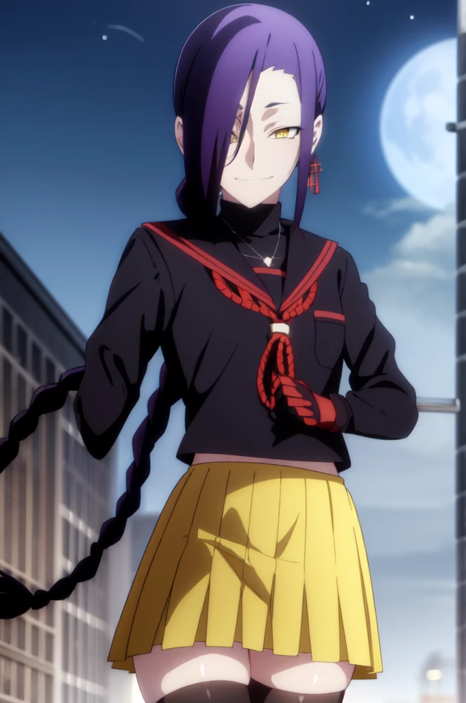 maganechikujouin, magane chikujouin, long hair, purple hair, braid, single braid, (hair over one eye:1.5), (yellow eyes:1.3), smile, grin,
BREAK skirt, thighhighs, gloves, jewelry, , earrings, serafuku, black gloves, black thighhighs, necklace, zettai ryouiki,
BREAK outdoor, city, night, sky, buildings, moon, clouds,
BREAK looking at viewer, (cowboy shot:1.5),
BREAK (masterpiece:1.2), best quality, high resolution, unity 8k wallpaper, (illustration:0.8), (beautiful detailed eyes:1.6), extremely detailed face, perfect lighting, extremely detailed CG, (perfect hands, perfect anatomy),