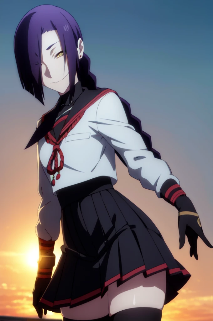 maganechikujouin, magane chikujouin, long hair, purple hair, braid, single braid, (hair over one eye:1.5), (yellow eyes:1.3), smile, grin,
BREAK skirt, thighhighs, gloves, jewelry, , earrings, serafuku, black gloves, black thighhighs, necklace, zettai ryouiki,
BREAK outdoor, city, night, sky, buildings, moon, clouds,
BREAK looking at viewer, (cowboy shot:1.5),
BREAK (masterpiece:1.2), best quality, high resolution, unity 8k wallpaper, (illustration:0.8), (beautiful detailed eyes:1.6), extremely detailed face, perfect lighting, extremely detailed CG, (perfect hands, perfect anatomy),