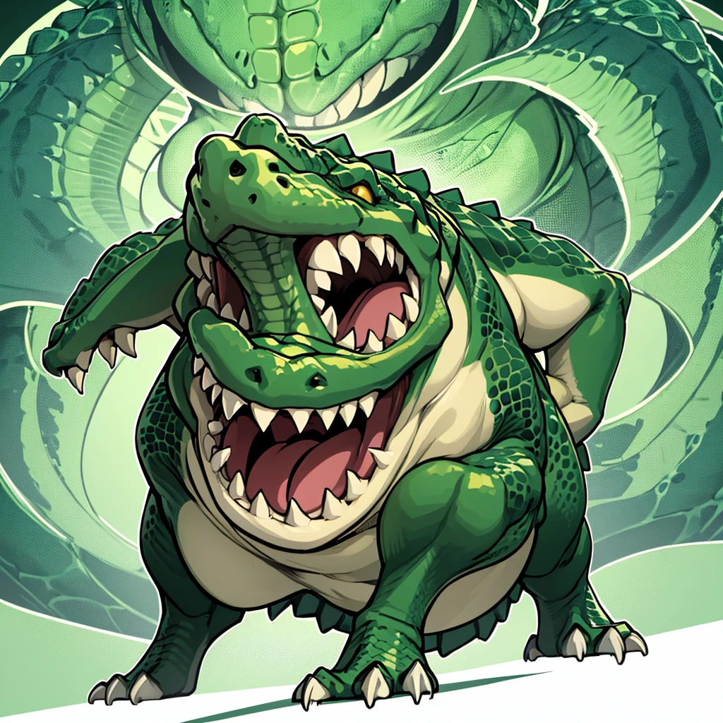 (Chibi Character)、((((No humans))))、Libra, reptiles, Humanity, Crocodile, green body, scale, There is nothing there, Crocodilian, facial, Muscular, green scale, teeth、get annoyed、Fighting stance、Movement angle、(White background)、(battle)