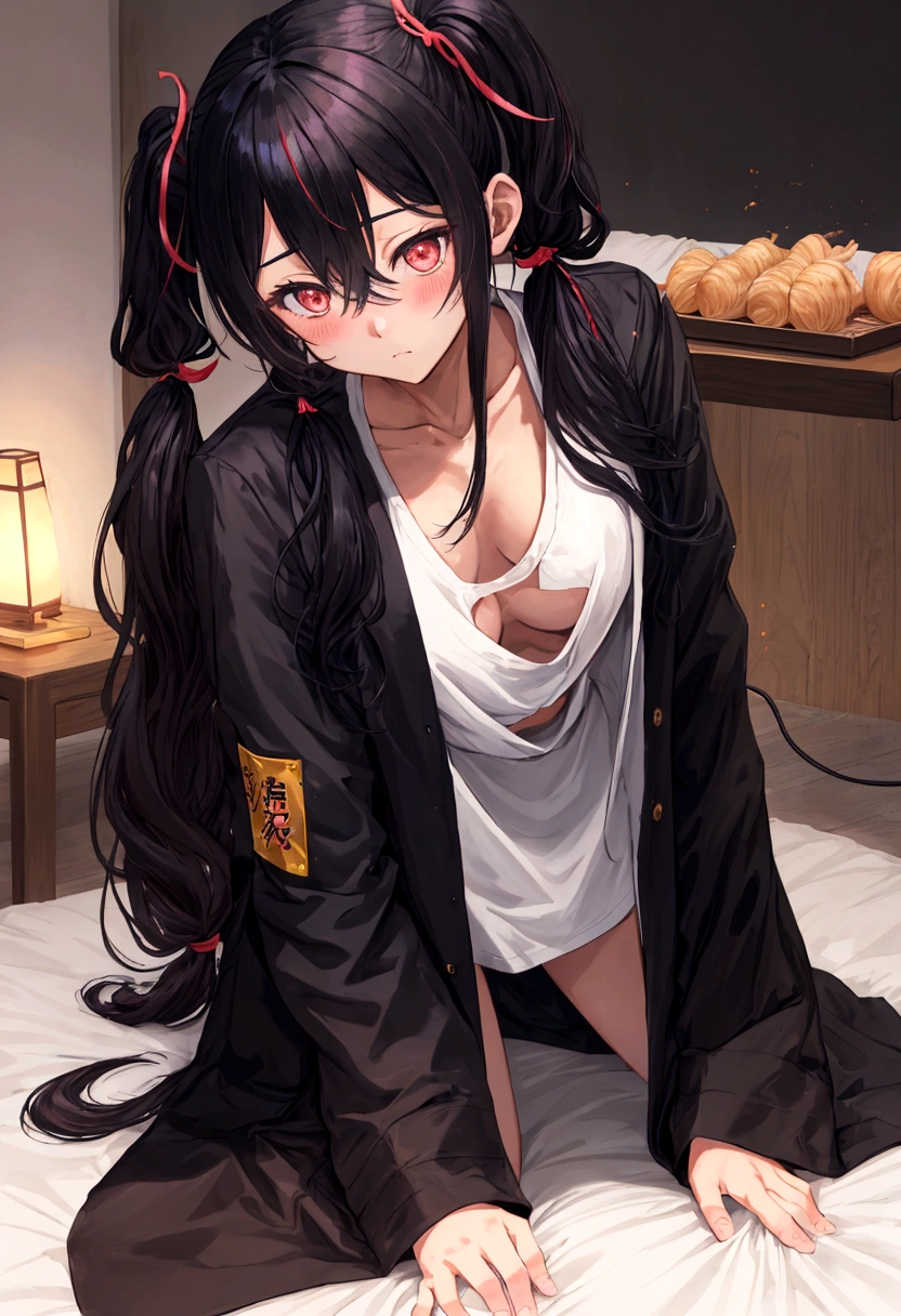 Tamaki Kotatsu, loose t-shirt, twintails, long hair, black hair, hair between eyes, medium breasts, sidelocks, open clothes, coat, long sleeves, open coat, fire ears, tail, glowing eyes, blush, shy, downblouse, leaning forward