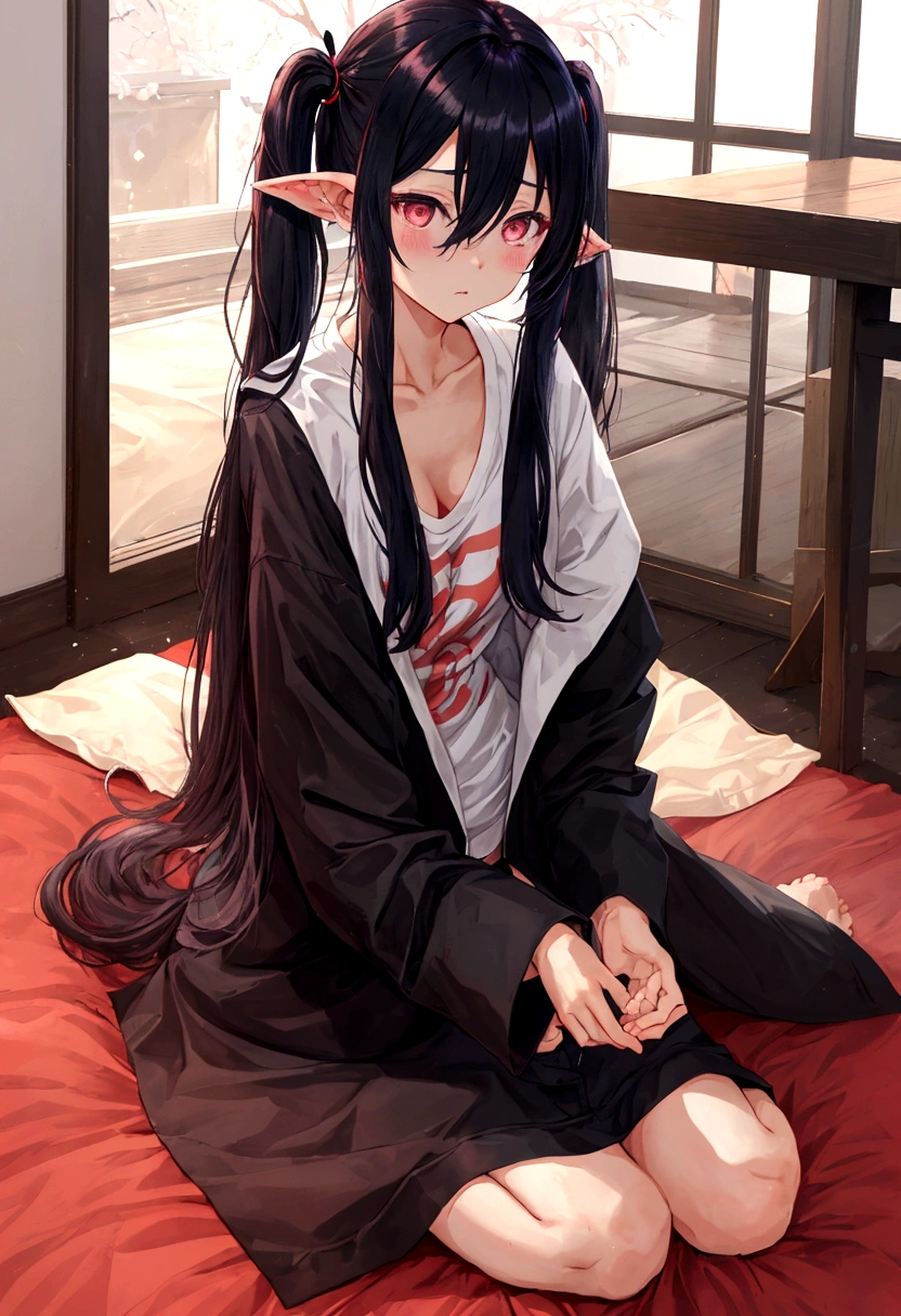 Tamaki Kotatsu, loose t-shirt, twintails, long hair, black hair, hair between eyes, medium breasts, sidelocks, open clothes, coat, long sleeves, open coat, fire ears, tail, glowing eyes, blush, shy, downblouse, leaning forward