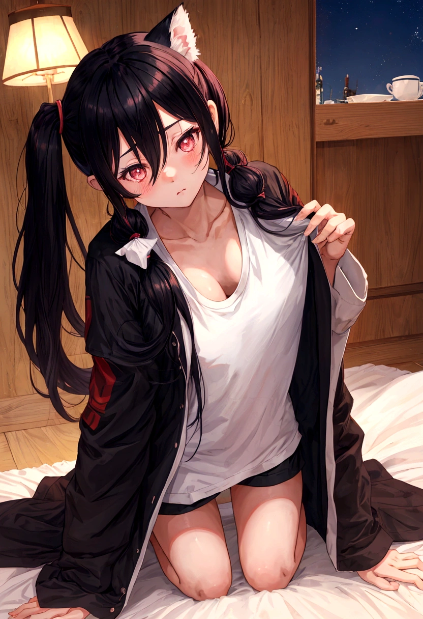 Tamaki Kotatsu, loose t-shirt, twintails, long hair, black hair, hair between eyes, medium breasts, sidelocks, open clothes, coat, long sleeves, open coat, fire ears, tail, glowing eyes, blush, shy, downblouse, leaning forward