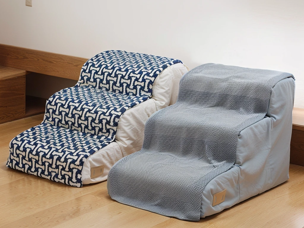 There are two steps,Next to it is a bed covered with a blanket, Designed for comfort and aesthetics!, detailed picture, Hard, 3 colours,. high quality, Perfect details, Oblique view, 3 colourss, overtake, Relax!,Alternate Angle, Moderate, Subtle details, Two stairs placed next to the bed,Japanese decoration style,高级的Product Image,Photographs,Adding natural light and shadow,Product Image,Two fully stuffed dog stairs,The version is very positive