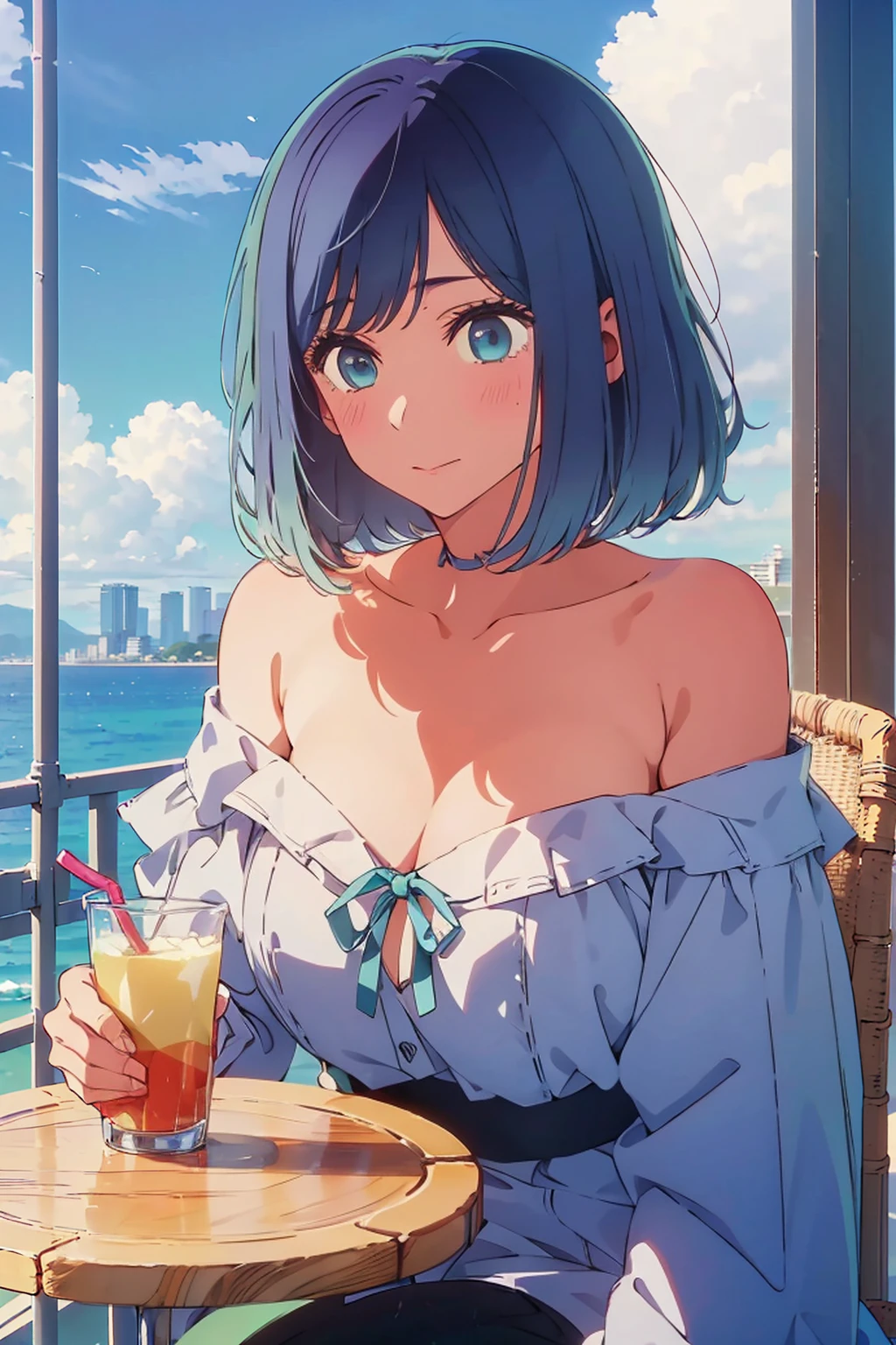 (Highest quality:1.4、8K:1.4、detailed)、F cup bust、Big Breasts、Slim body、Very white beautiful skin、((((1 person、Surprised expression、sit、Chair、In the background are the urban buildings of Tokyo、looking at the camera、Outdoor café terrace、coastal、Navy hair color、juice、Shooting up close、table、Very cute face))))、((((Areola、Oversized off-the-shoulder))))、(Pose of putting hair behind ears with hands:1.4)、nude、Very blue sky、A completely cloudless sky