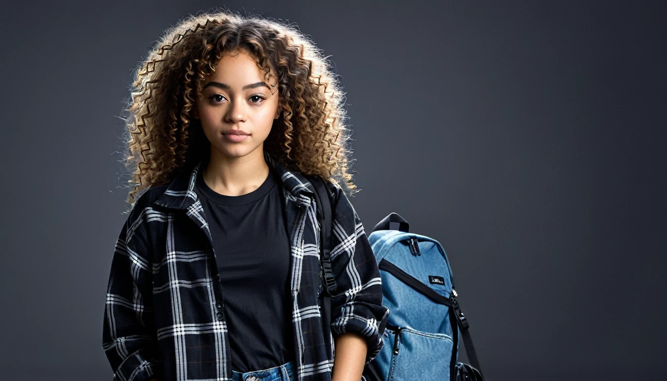 Create Julia, a teenager with curly hair, mulatto,with a backpack and a flashlight in her hand, is wearing a black t-shirt under a plaid coat, jeans
