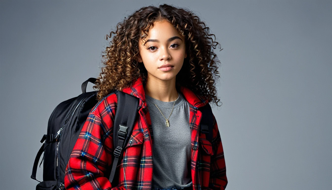Create Julia, a ager with curly hair, mulatto,with a backpack and a flashlight in her hand, is wearing a black t-shirt under a plaid coat, jeans