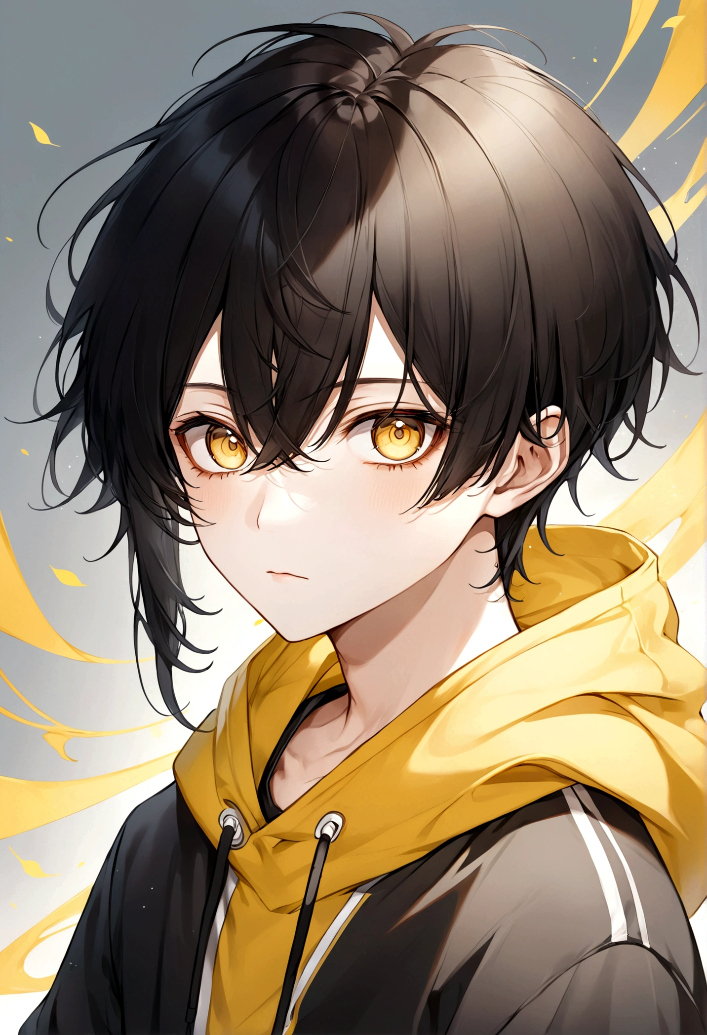 Anime girl with yellow eyes and black hair wearing a black and yellow hoodie, High quality anime art style, Gweiz-style artwork, Digital anime illustration, Anime-style characters, Inspired by Bian Shoumin, Anime style portrait, Male Anime Style, Anime Shōnen, High quality fan art, Very detailed fan art, Young Anime Girl Yang J , Brown eyes