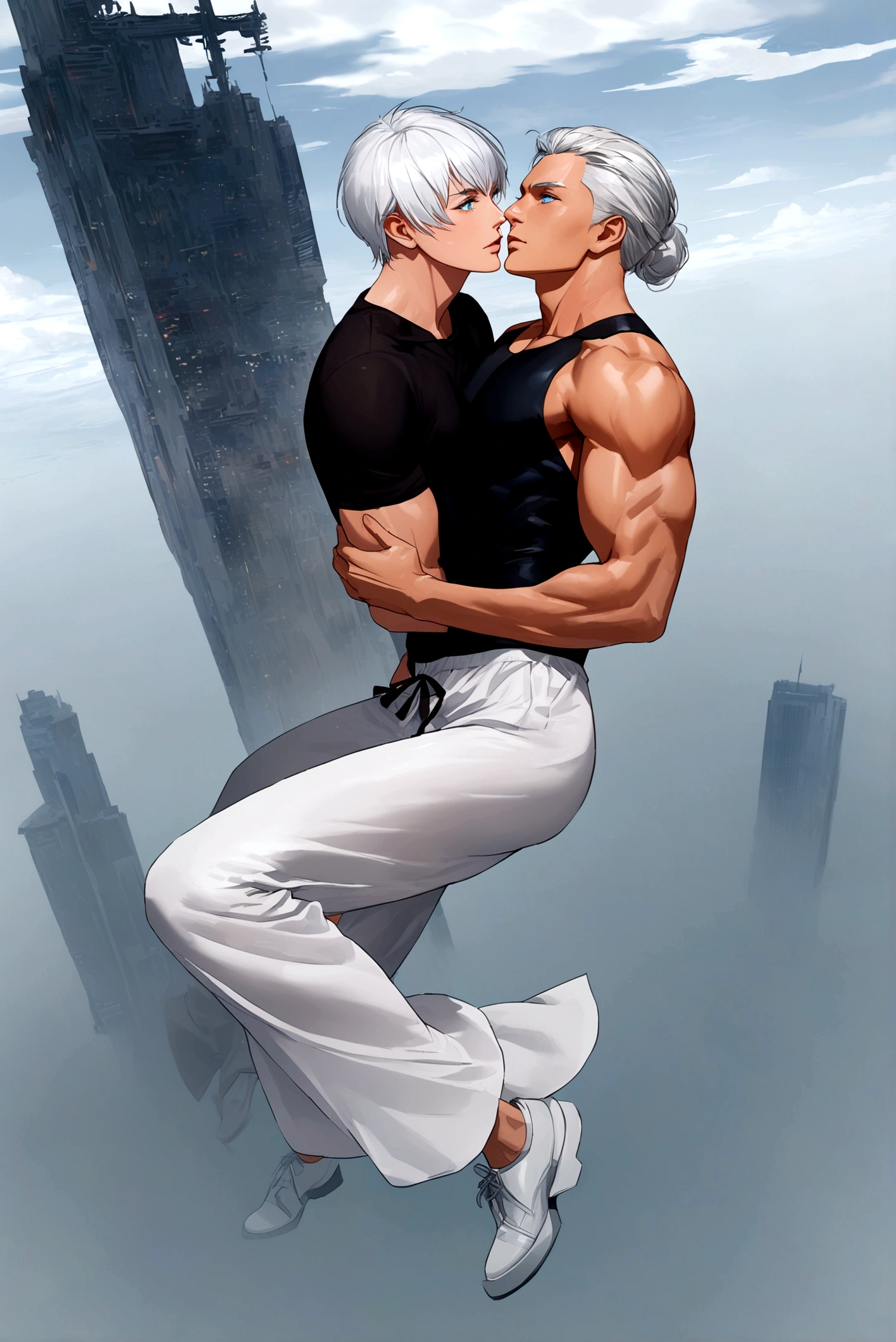 (original) , (very detailed wallpaper) , (Best quality) , (masterpiece) , photographic reality, realistic, very detailed illustrations , Beautiful eyes, perfect detail, (better lighting) , (super intricate details) , ultra detailed, , when,, 4K unified, (Super detailed computer graphics: 1.2) , (8 k: 1.2) , drawn ,soft hands, man levitates in the sky, white wide leg pants, black tight T-shirt, Detailed face, Blue eyes, White hair, muscular body, (Detailed ), clear muscles, Anime, Satoru Gojo, city in the background, Tokyo in the background, Face-to-face, full length, in front of the camera