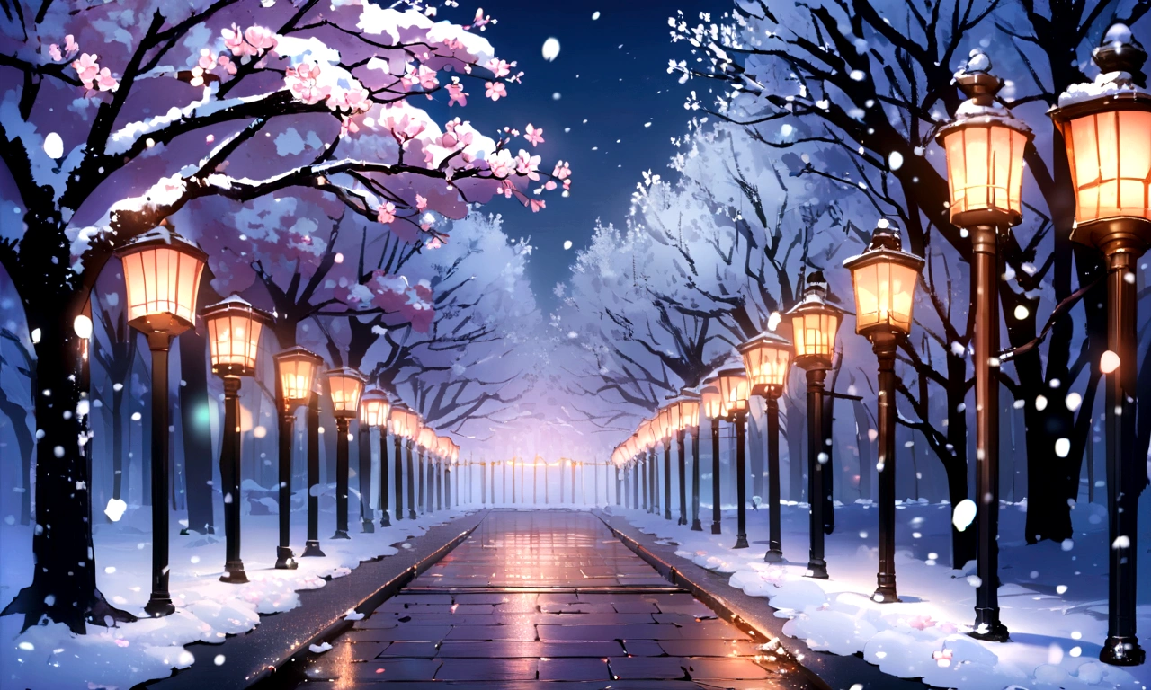 (best quality:2),A vibrant street covered in snow,a beautiful cherry blossom tree,falling snow, lit lamp post