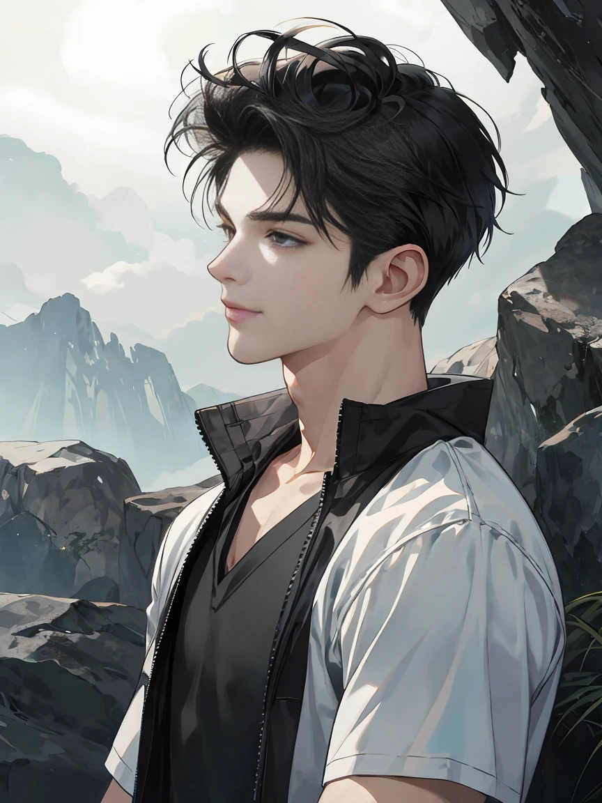 modern, anime style, chiaroscuro, UHD, masterpiece, anatomically correct, textured skin, high details, super detail, best quality, (extreamly delicate and beautiful:1.2), 8K, (tmasterpiece, best:1.0), One male that very short black hair, short black Quiff hair with Soft Fringe, bangs part on side 5:5 ratio, wearing a loose rock-style grey and blackShort sleeve, thin, (sports style), a frontal view of a face looking to the right, displaying a sly smile, Korean illustration style.