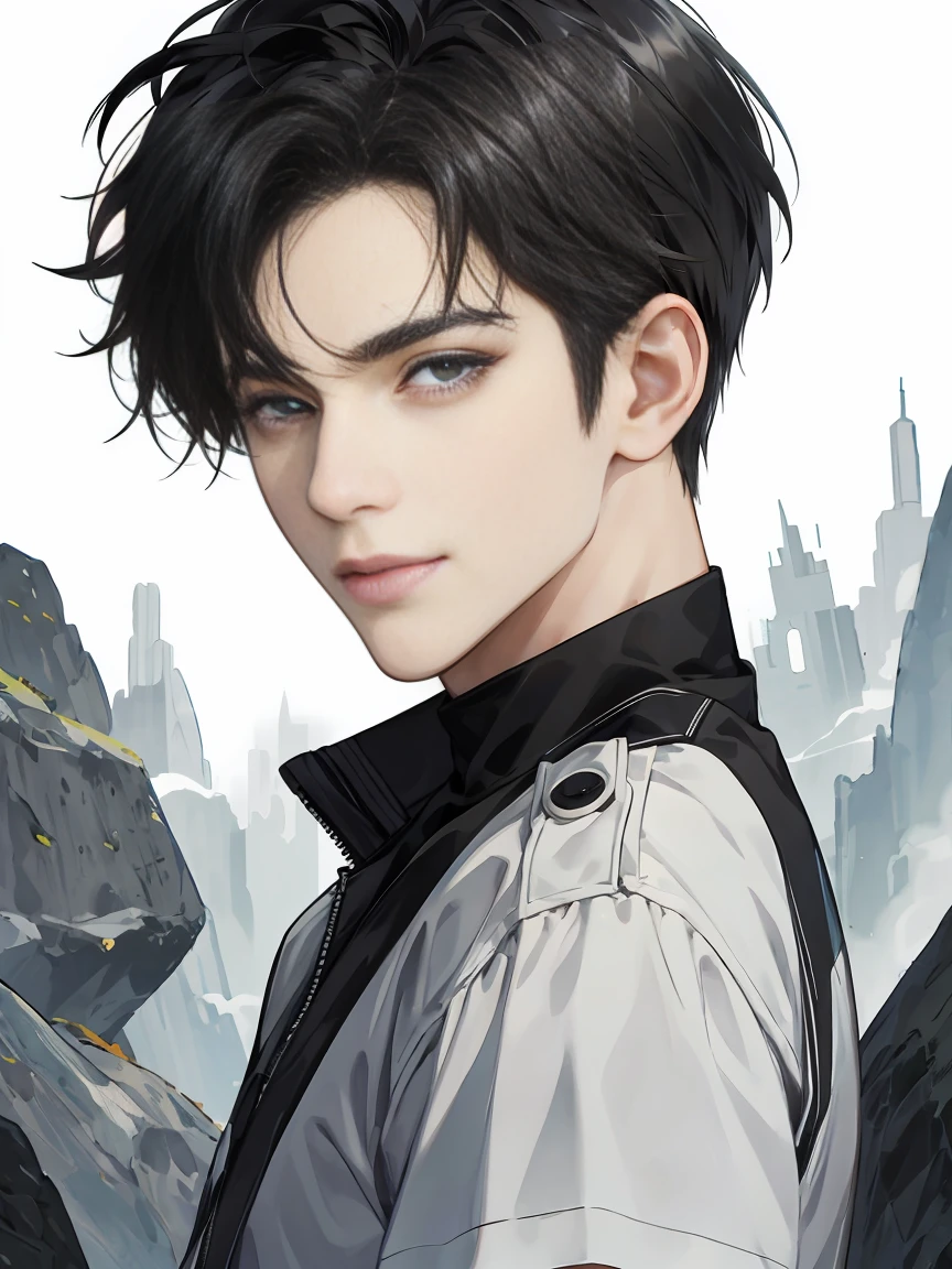 modern, anime style, chiaroscuro, UHD, masterpiece, anatomically correct, textured skin, high details, super detail, best quality, (extreamly delicate and beautiful:1.2), 8K, (tmasterpiece, best:1.0), One male that very short black hair, short black Quiff hair with Soft Fringe, bangs part on side 5:5 ratio, wearing a loose rock-style grey and blackShort sleeve, thin, (sports style), a frontal view of a face looking to the right, displaying a sly smile, Korean illustration style.