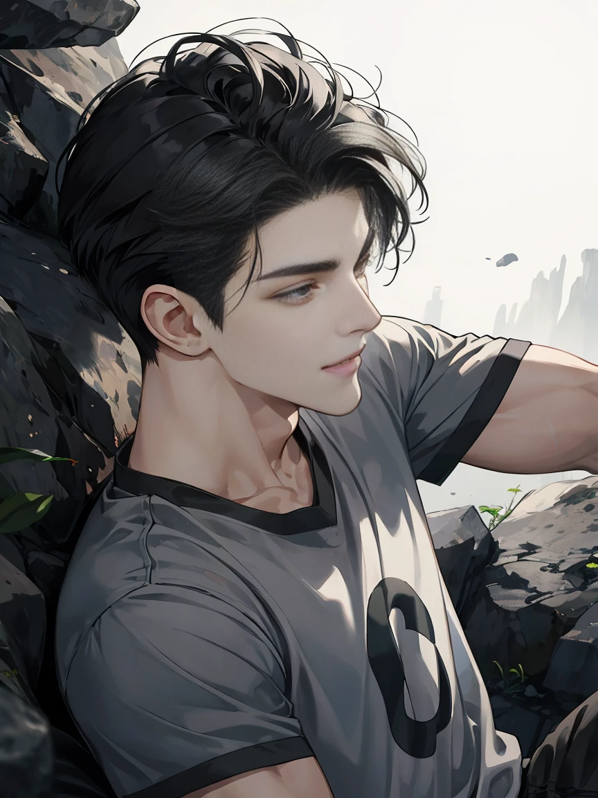 modern, anime style, chiaroscuro, UHD, masterpiece, anatomically correct, textured skin, high details, super detail, best quality, (extreamly delicate and beautiful:1.2), 8K, (tmasterpiece, best:1.0), One male that very short black hair, short black Quiff hair with Soft Fringe, bangs part on side 5:5 ratio, wearing a loose rock-style grey and blackShort sleeve, thin, (sports style), a frontal view of a face looking to the right, displaying a sly smile, Korean illustration style.