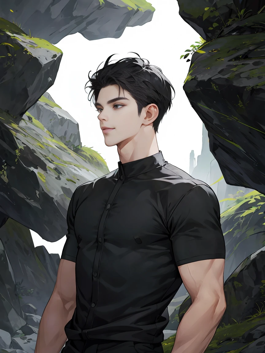 modern, anime style, chiaroscuro, UHD, masterpiece, anatomically correct, textured skin, high details, super detail, best quality, (extreamly delicate and beautiful:1.2), 8K, (tmasterpiece, best:1.0), One male that very short black hair, short black Quiff hair with Soft Fringe, bangs part on side 5:5 ratio, wearing a loose rock-style grey and blackShort sleeve, thin, (sports style), a frontal view of a face looking to the right, displaying a sly smile, Korean illustration style.