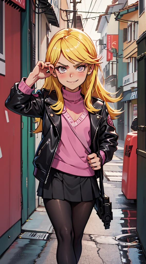 ((masterpiece, best quality)),solo,1girl, lolaloud, lola loud, blonde hair, highres, detailed, soft lighting, long hair, pink shirt, criminal girl, black leather jacket, black skirt, pantyhose, lingerie, background : ocean docks, angry, smirk, missing tooth, black outline, aiming at viewer, holding pistol, handgun, looking at you