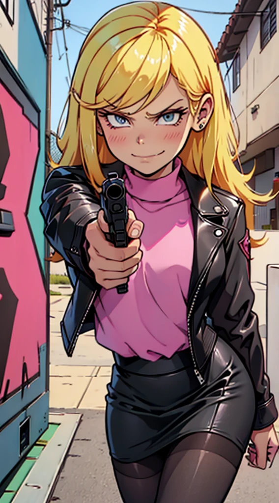 ((masterpiece, best quality)),solo,1girl, lolaloud, lola loud, blonde hair, highres, detailed, soft lighting, long hair, pink shirt, criminal girl, black leather jacket, black skirt, pantyhose, lingerie, background : ocean docks, angry, smirk, missing tooth, black outline, aiming at viewer, holding pistol, handgun, looking at you