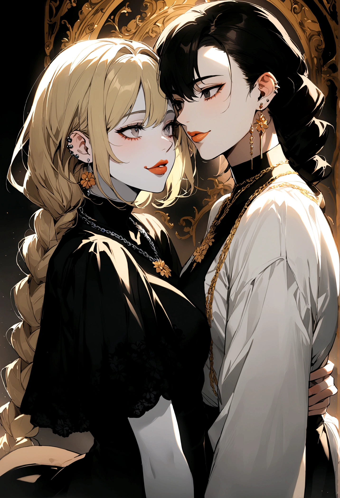 1 girl (modern clothing) (Dark honey eyes that contrast with her white skin and blonde hair with marked curls and long braided hair...) (She has simple earrings and a delicate flower-shaped necklace.... Dorado) (happy look and cute smile looking) 1 chico (young black man with black eyes and short curly black hair) (a piercing in the right ear and a silver chain) (slanted and tired eyes with dark circles) (marked jaw with thick lips) [both looking at each other]