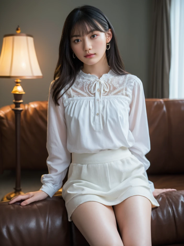 (Highest quality:1.4),(masterpiece:1.4),(Realistic:1.4),(Realistic:1.2),(超High resolution, RAW Photos:1.4),(High resolution, Super detailed:1.2),(8K:1.2),View your audience,Cinematography,One Girl,skeletally correct，Black Hair Girl，(Small earrings，White blouse，mini skirt，View from the front),（Inside the Western-style building，Dimly lit room，The lamplight shines on my cheeks，Sit on the sofa）
