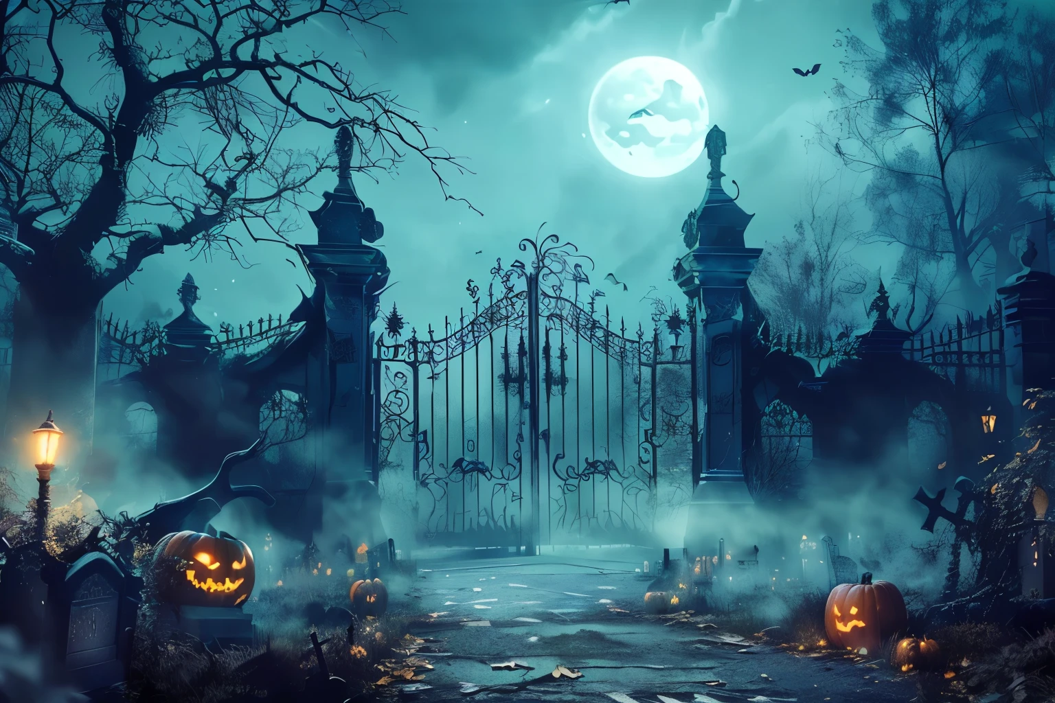 Close-up of pumpkins in front of the door, Scary magic background, halloween scene, Spooky atmosphere, Halloween theme, spooky Halloween theme, terrible night, halloween atmosphere, haunted background, Graveyard Background, Dark cemetery scene, Background artwork, scary halloween night, Creepy的背景, haunted house themed, Creepy, Halloween art style, Haunted Mansion
