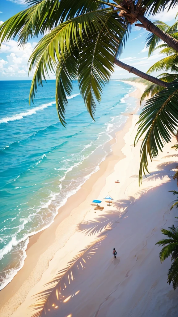 Sunny beach view，Waterfront view，Cartoon scenery，Simple，spray，sandbeach，Excellent details，The picture is beautiful，Simple colors，The lighting is soft，