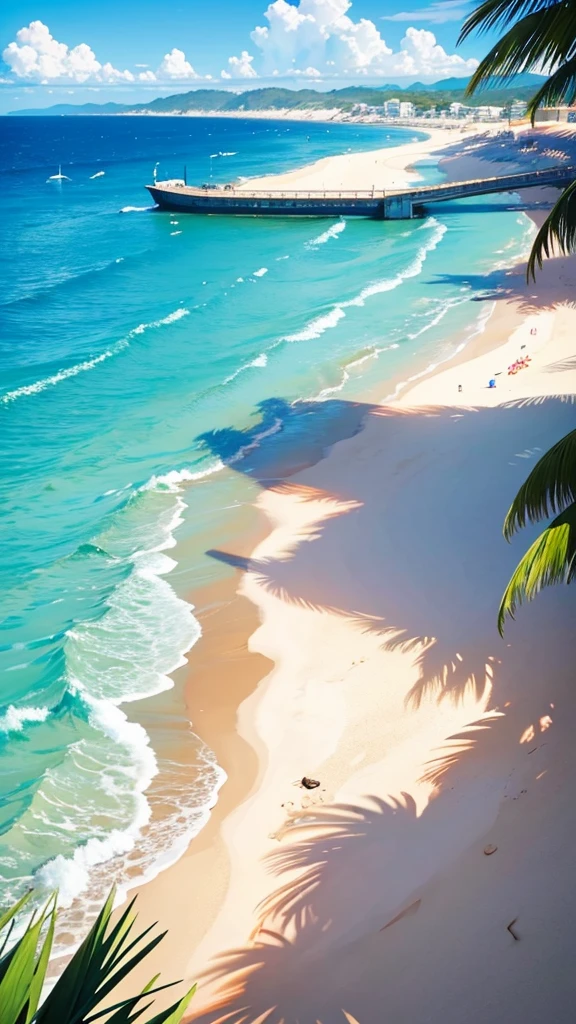 Sunny beach view,Waterfront view,Cartoon scenery,Simple,spray,sandbeach,Excellent details,The picture is beautiful,Simple colors,The lighting is soft,