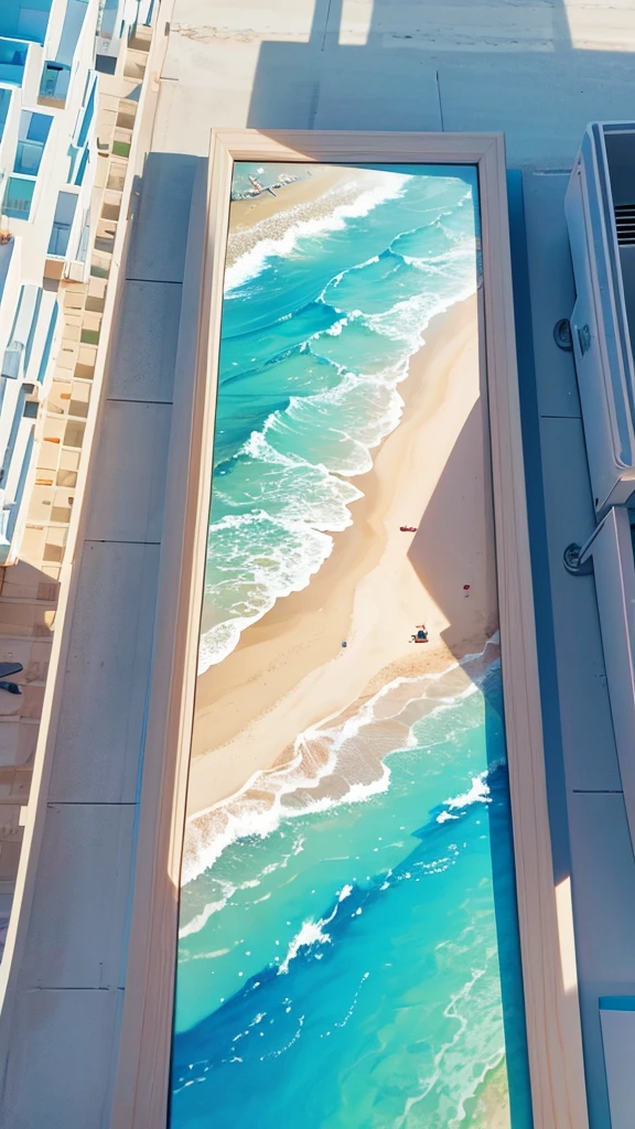 Sunny beach view,Waterfront view,Cartoon scenery,Simple,spray,sandbeach,Excellent details,The picture is beautiful,Simple colors,The lighting is soft,