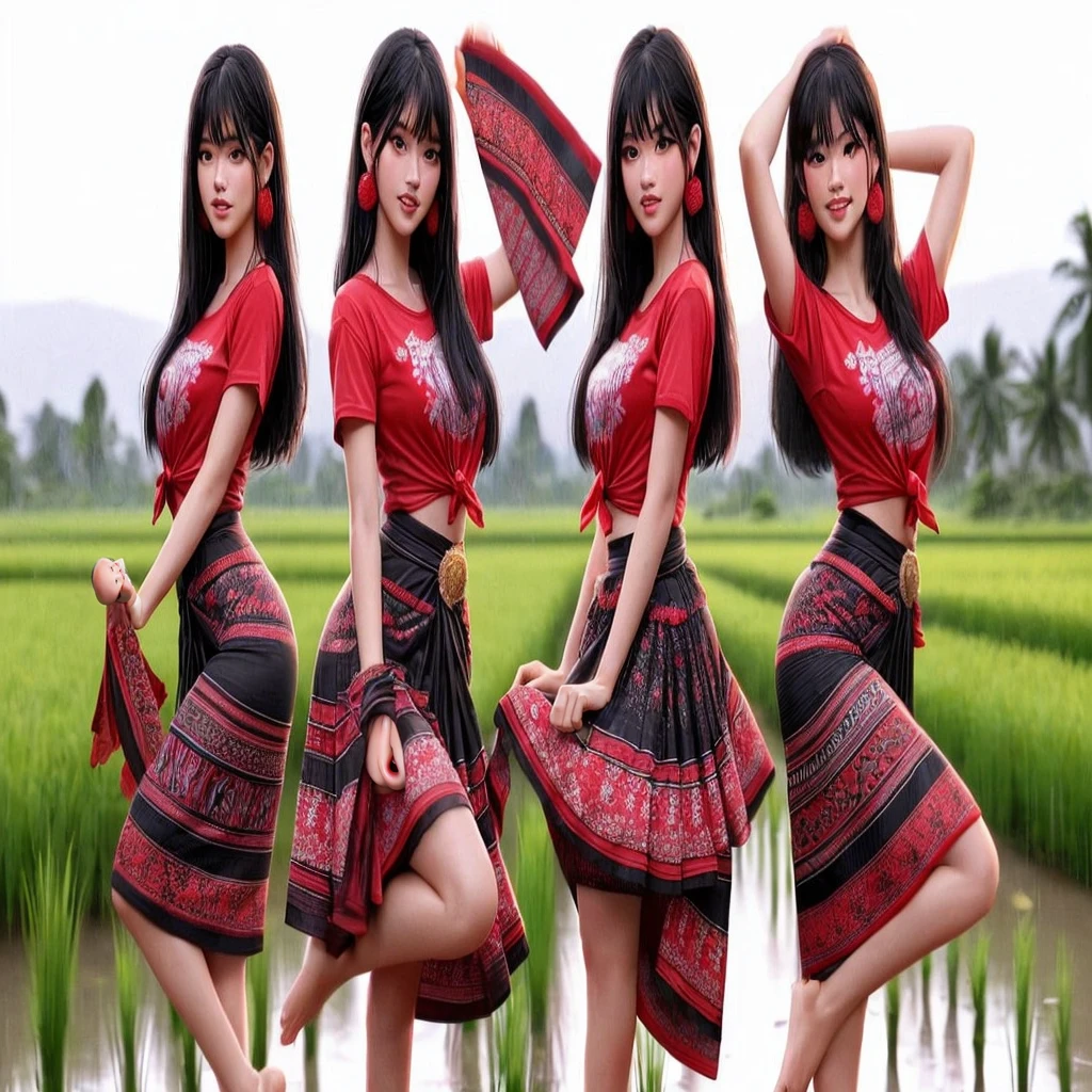 Three Thai women, aged 20, with long black hair and bangs, wearing red t-shirts and black and red floral Isan-style skirts, standing in various dancing poses, spaced apart. The background is a rainy season rice field in a realistic style, full body, 2K resolution. Enhance the beauty of the women.