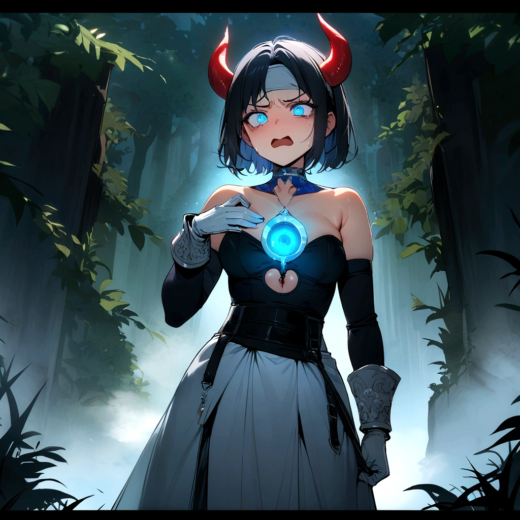 Masterpiece, 4k, high quality, 1 girl, black hair, glowing white eyes,short hair , red horns, angry raging expression,blue and black military outfit, white fullmetal alchemist gloves, akimbo shotgun , glowing blue eyes , in the forest, in front of the gates of hell , bleeding neck , hole in chest dripping blood, tore garment, blue patterned headband on top of her head, with a mystical forest scenery , steam evaporating from her body, cosmic owl familiar on her shoulder